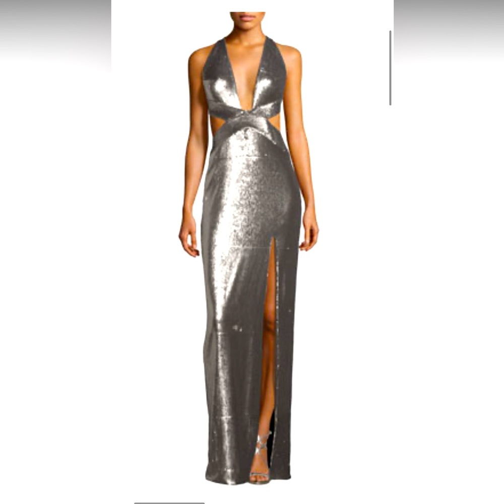 COPY - Silver sequin cutout gown from Halston Heritage. Size 0.